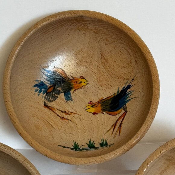 Set 3 Japanese Munising Wooden 6" Bowls Hand Painted Fighting Rooster Vtg - Picture 2 of 11